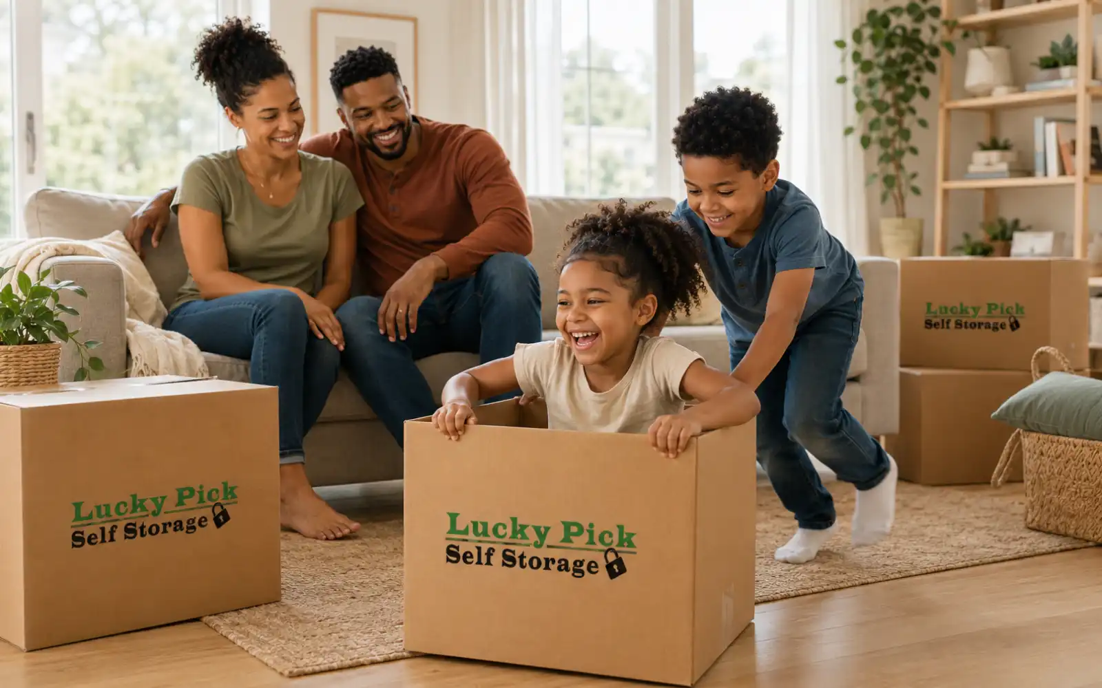 Happy Lucky Pick self-storage family in their new living room kids playing