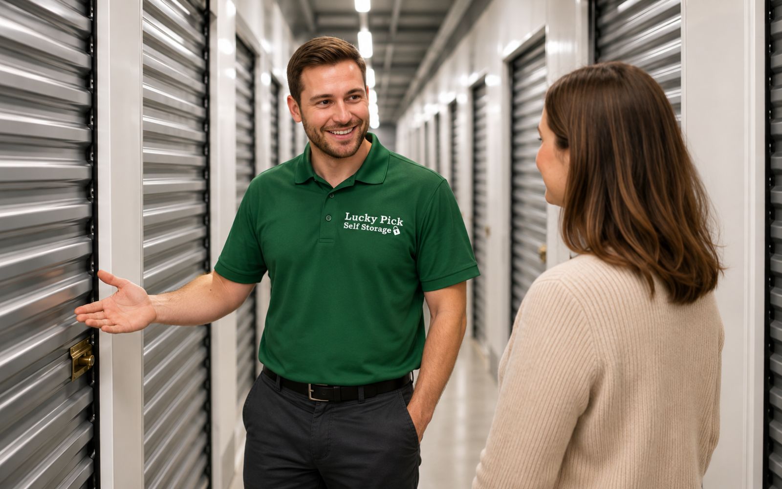 Happy Lucky Pick self-storage employee showing a customer a climate controlled unit 